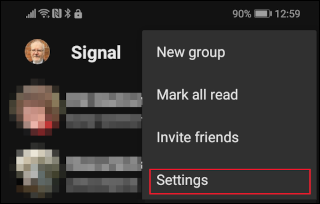 La opción Configuración en Signal Mobile