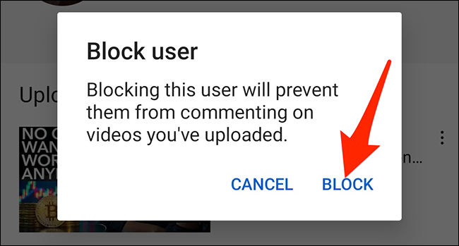 Seleccione "Bloquear" en el mensaje "Bloquear usuario" de la aplicación de YouTube.