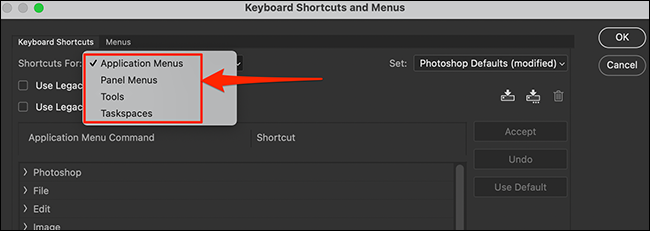 Seleccione una opción del menú desplegable "Accesos directos para" en Photoshop.