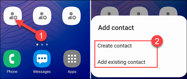 Toque uno de los atajos vacíos para seleccionar un contacto, luego seleccione "Crear contacto" o "Agregar contacto existente".