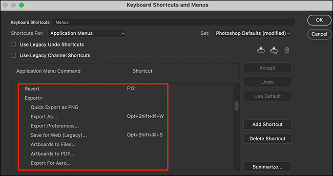 Seleccione una función en la ventana "Métodos abreviados de teclado y menús" en Photoshop.