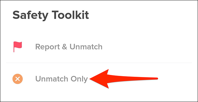Toca "Solo no emparejar" en el menú "Kit de herramientas de seguridad" de Tinder.