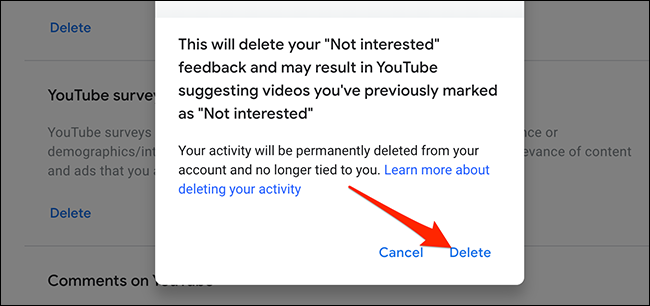 Selecciona "Eliminar" en el mensaje "Comentarios de personas no interesadas en YouTube".