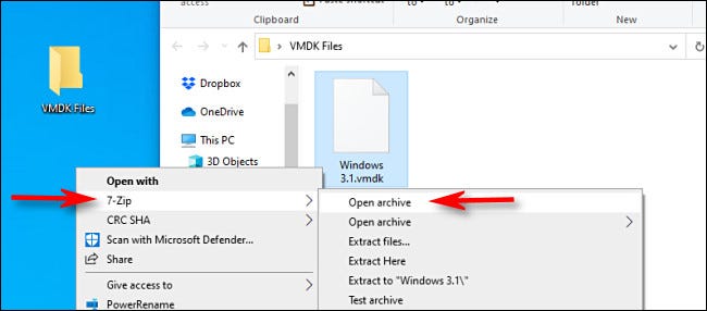 Haga clic con el botón derecho en un archivo VMDK y seleccione 7-Zip> Abrir archivo en el menú.