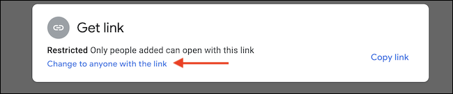 Haga clic en el botón "Cambiar a cualquier usuario con el enlace" para habilitar el uso compartido de enlaces.