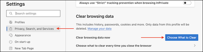 En la sección Borrar datos de navegación en "Privacidad, búsqueda y servicios", haga clic en la opción "Elegir qué borrar".