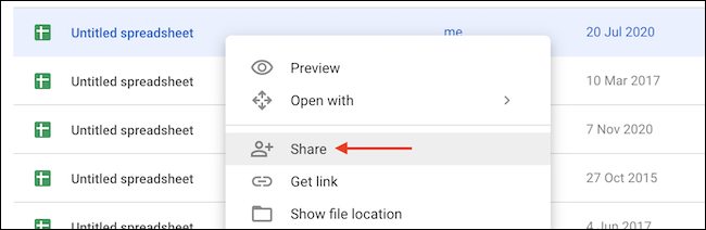 Haga clic en el botón "Compartir" en el menú contextual de Google Drive.