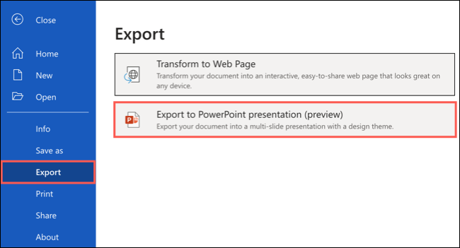 Haga clic en Archivo> Exportar> Exportar a presentación de PowerPoint.