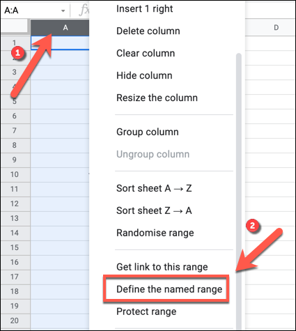 Para aplicar un nuevo rango con nombre a una fila o columna seleccionada, haga clic con el botón derecho en las celdas seleccionadas y luego presione la opción "Definir el rango con nombre".