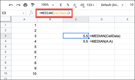 Un ejemplo de fórmula MEDIANA que usa un rango con nombre.