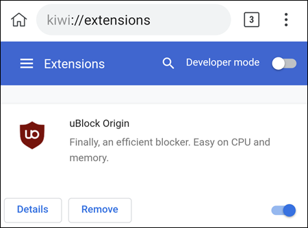 uBlock en el navegador Kiwi.