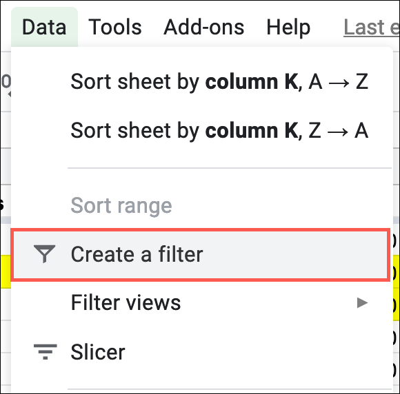 Haga clic en Datos, Crear un filtro