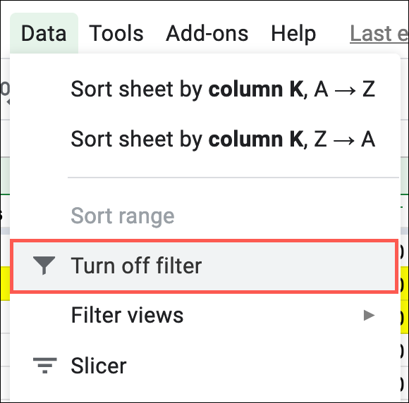 Haga clic en Datos, Desactivar filtro