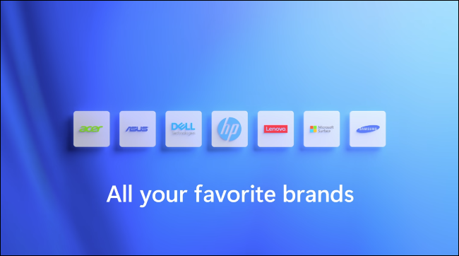La diapositiva "Todas sus marcas favoritas" del anuncio de Windows 11.