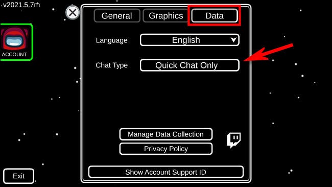 En la configuración de Among Us, seleccione "Datos", luego "Tipo de chat" para cambiar de Chat rápido a Chat gratuito.