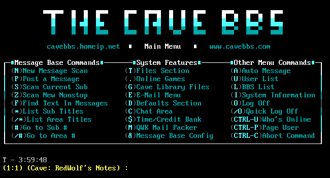 El menú principal de Cave BBS.