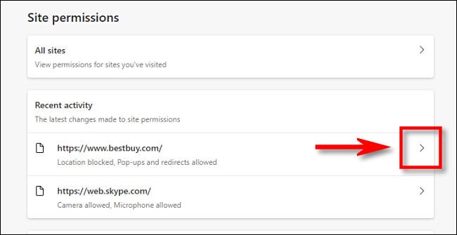 En Edge, haga clic en la flecha junto al sitio para el que desea editar los permisos.