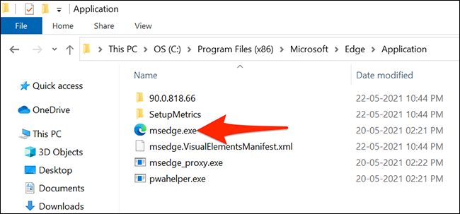 Archivo ejecutable de Microsoft Edge en una ventana del Explorador de archivos.