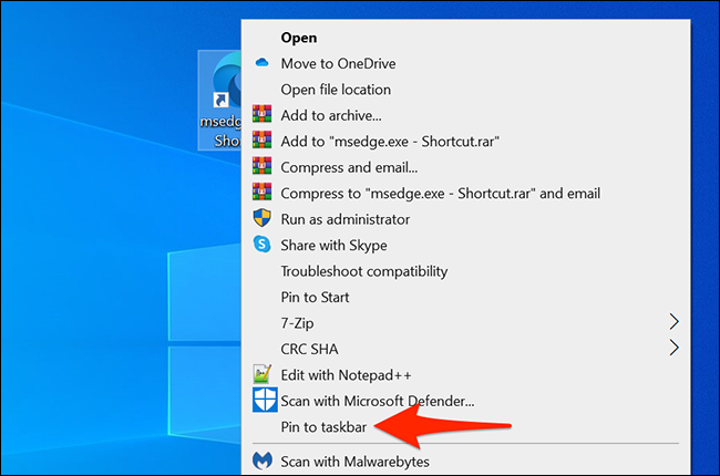 Haz clic derecho en el acceso directo del escritorio de Edge y selecciona "Anclar a la barra de tareas".