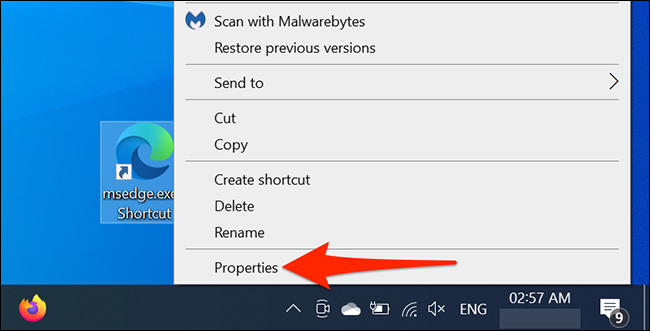 Haga clic con el botón derecho en el acceso directo de Edge y seleccione "Propiedades" en el escritorio de Windows.