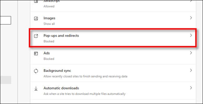 Haga clic en "Pop-Ups and Redirects".