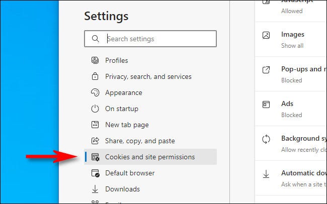 En la barra lateral de Configuración de Edge, haga clic en "Cookies y permisos del sitio".