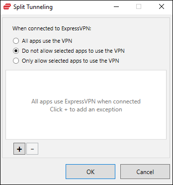 Opciones de túnel dividido de ExpressVPN en Windows 10.