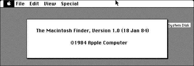 El cuadro "Acerca de" de Macintosh Finder 1.0.