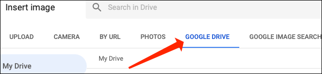 Haga clic en "Google Drive" para seleccionar imágenes de allí para Google Sheets.