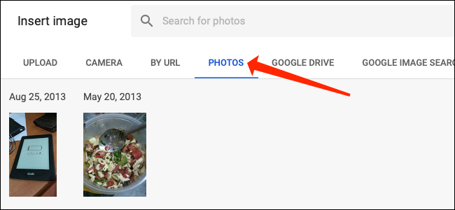 Haga clic en la pestaña "Fotos" en Hojas de cálculo de Google.