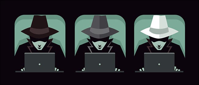Ilustración de tres hackers con sombreros negros, grises y blancos.