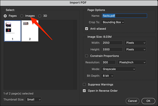 Seleccione la pestaña "Imágenes" en la ventana "Importar PDF" en Photoshop.
