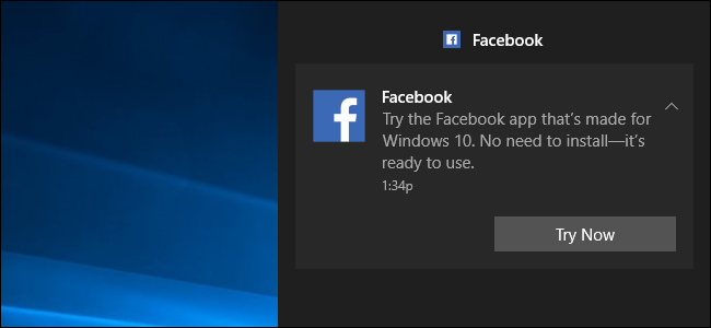 Una notificación de Windows 10 que dice que la aplicación de Facebook se instaló automáticamente.