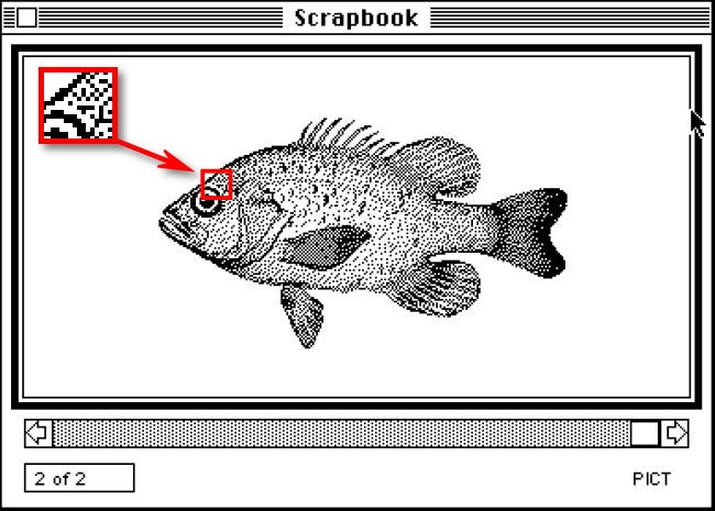 Un ejemplo de gráficos monocromáticos de 1 bit en Mac System 1.0 de 1984.