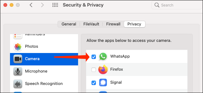 Otorgar acceso de cámara a WhatsApp en macOS Big Sur.