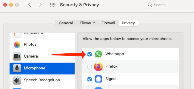 Otorgar acceso de micrófono a WhatsApp en macOS Big Sur.