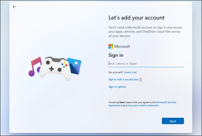 Creación de una cuenta de Microsoft en el proceso de configuración filtrado de Windows 11