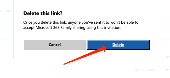 Haga clic en "Eliminar" para eliminar el enlace de invitación de su cuenta de Microsoft 365.