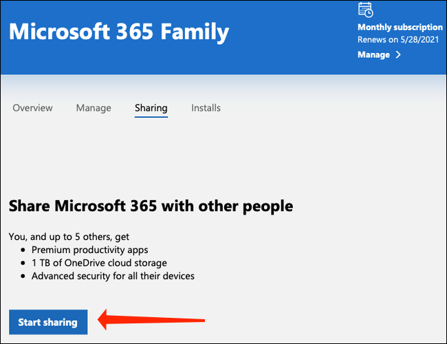 Haga clic en "Comenzar a compartir" para comenzar a agregar personas a su plan familiar de Microsoft 365.