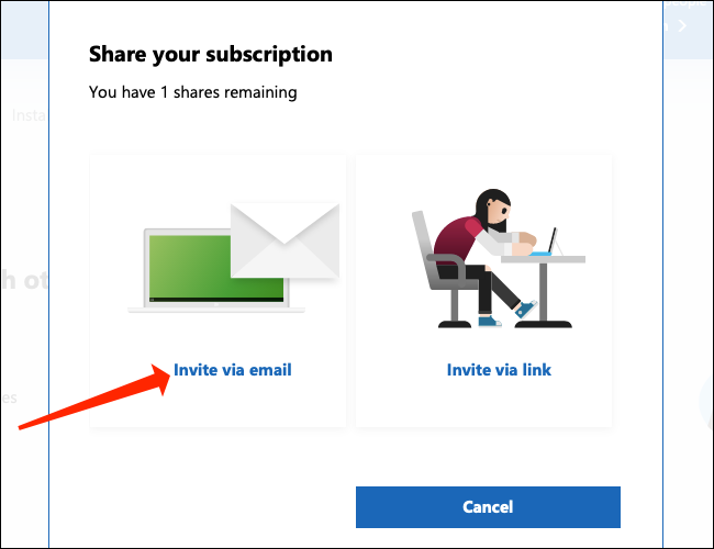 Haga clic en "Invitar por correo electrónico" para enviar una invitación por correo electrónico a su familia de Microsoft 365.