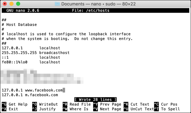 Editar archivo de hosts con nano en macOS