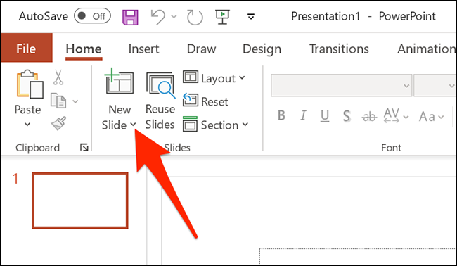 Haga clic en la flecha junto a "Nueva diapositiva" en la ventana de PowerPoint.