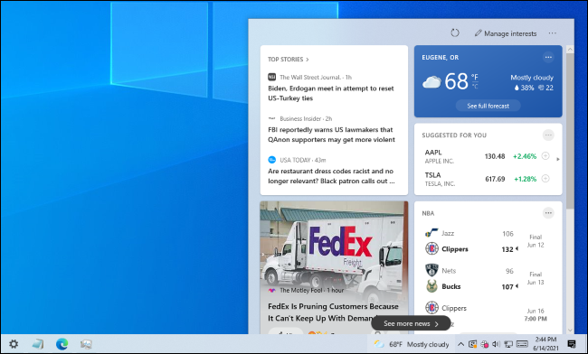 El panel de noticias e intereses aparece en la barra de tareas de Windows 10.
