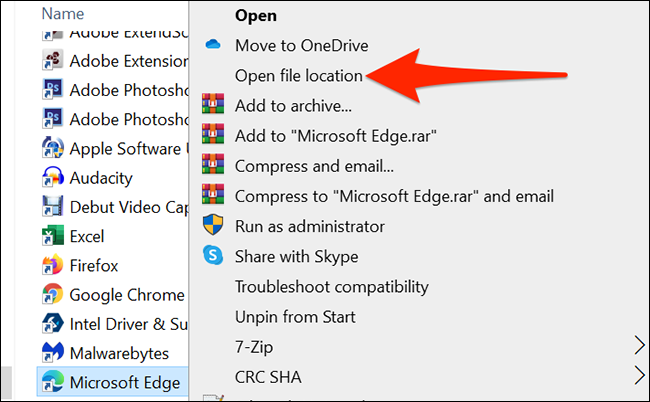 Haga clic con el botón derecho en "Microsoft Edge" y seleccione "Abrir ubicación de archivo" en una ventana del Explorador de archivos.
