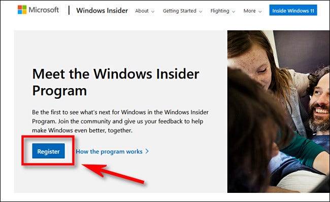 Haga clic en "Registrarse" para unirse al programa Windows Insider