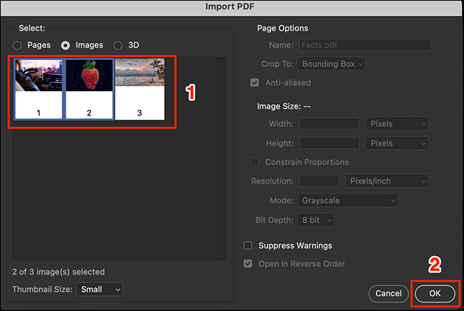 Seleccione las imágenes para extraer en la ventana "Importar PDF" de Photoshop, luego haga clic en "Aceptar".