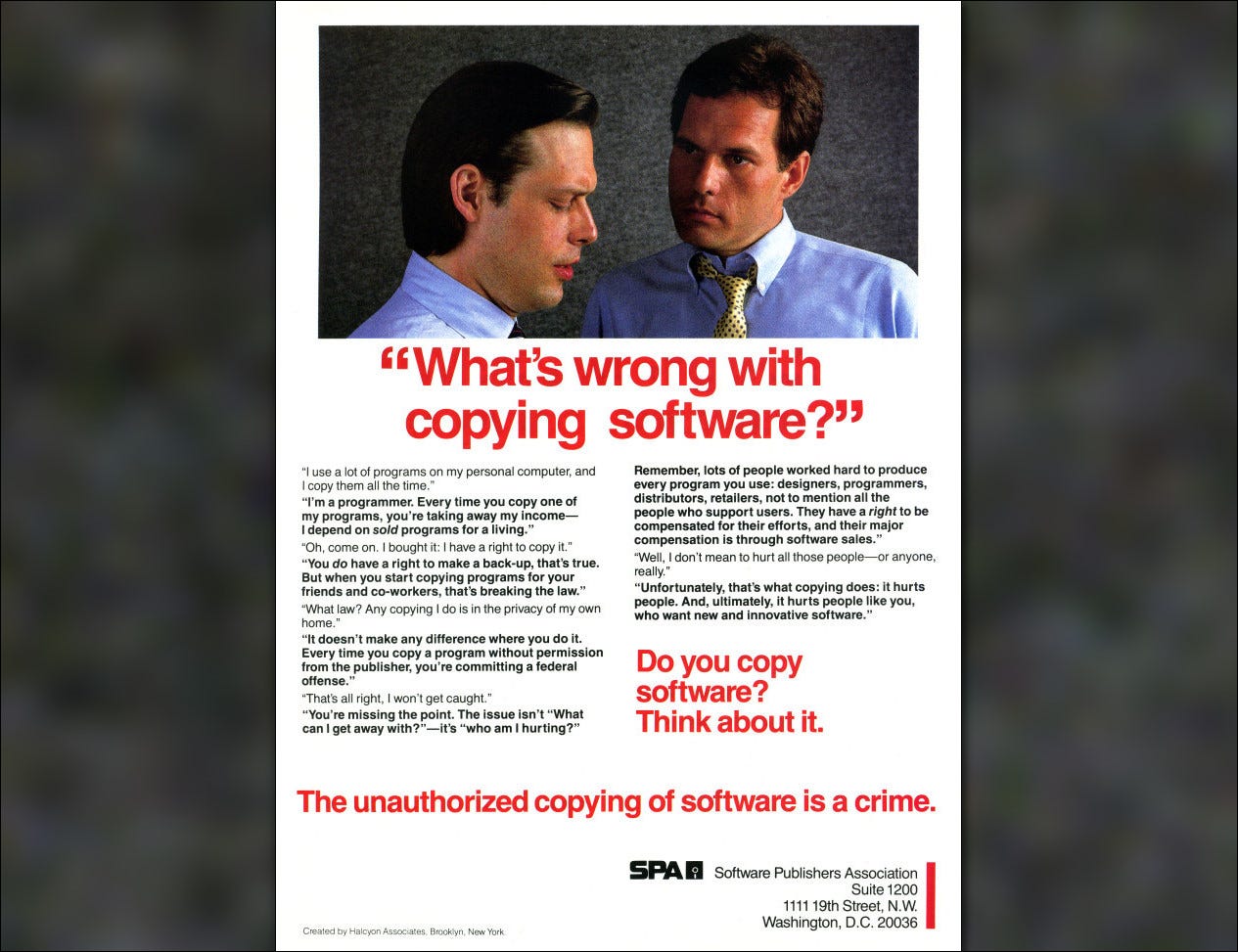 Un anuncio antipiratería de 1984 de la Asociación de editores de software.