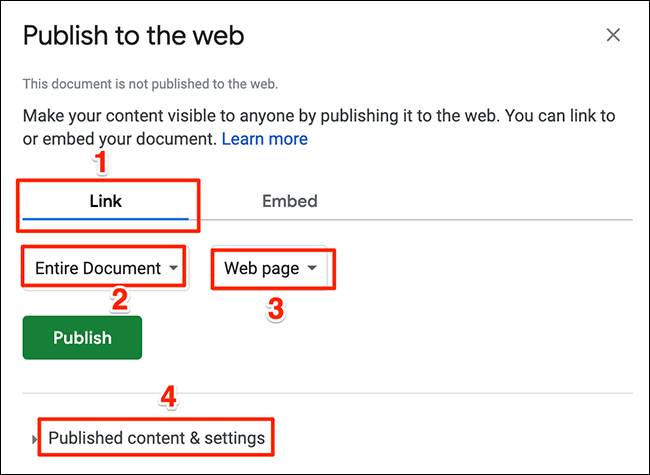 Configure las opciones de publicación para una hoja de cálculo en Hojas de cálculo de Google.