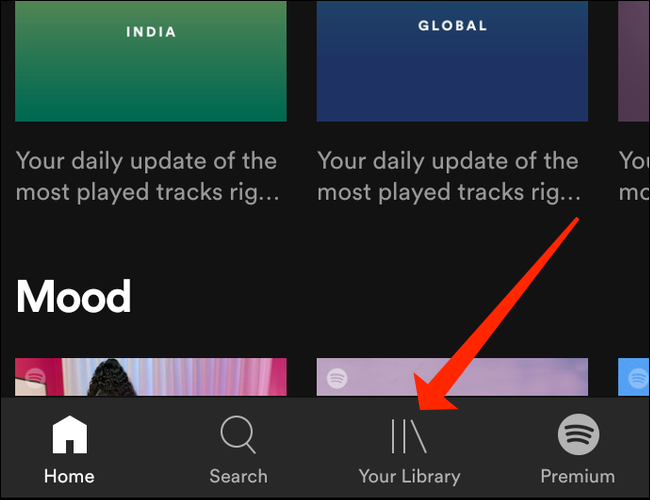 Toca "Tu biblioteca" para acceder a tus listas de reproducción en Spotify para Android.