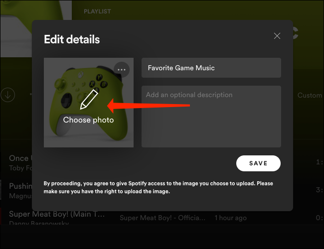 Haga clic en "Elegir foto" para cambiar la imagen de la lista de reproducción de Spotify en el escritorio.